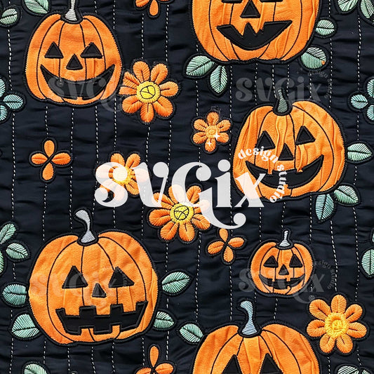 Harvest Happiness - Halloween Embroidery with Pumpkins and Blooms Seamless Pattern
