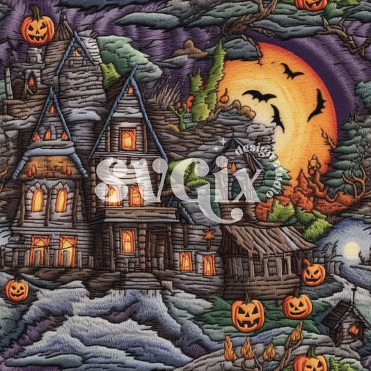 Haunted House Embroidery Seamless