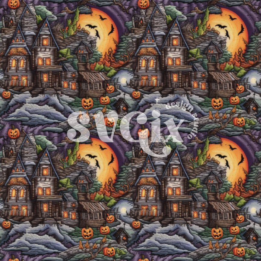 Haunted House Embroidery Seamless