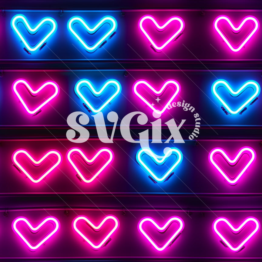 Hearts Neon Lights Seamless Pattern