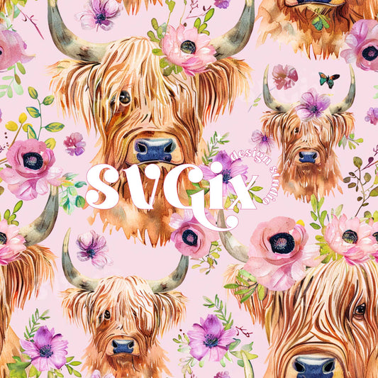 Highland Cows Floral Spring Watercolor Seamless Pattern
