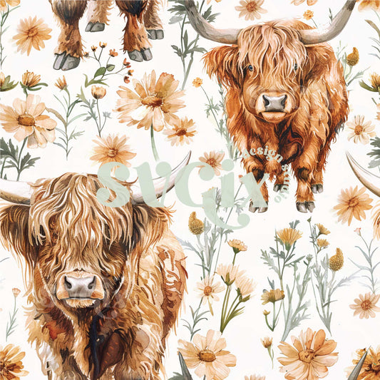 Highland Cows Floral Watercolor Seamless Pattern