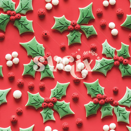 Holly Faux Velvet Embroidery Seamless Pattern