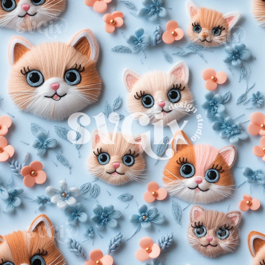 Kittens Embroidery Seamless Pattern