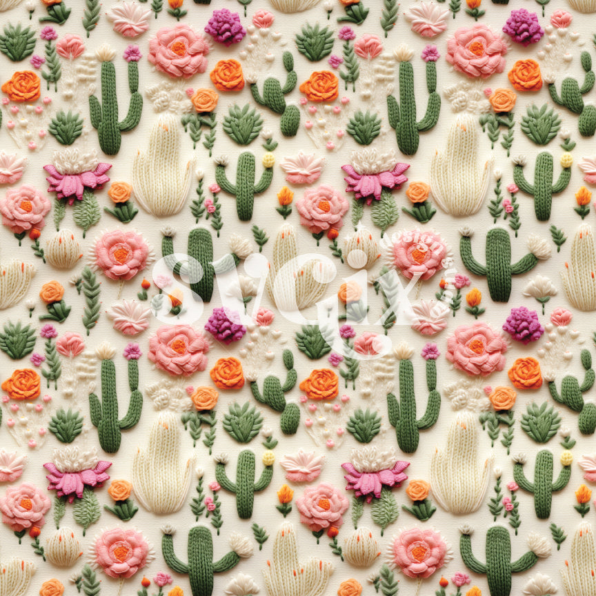 Knit Cactus on White Background Seamless Pattern