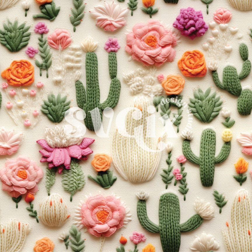 Knit Cactus on White Background Seamless Pattern