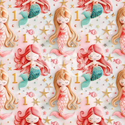 Mermaid First Birthday/Month 3d Embroidery Seamless Pattern