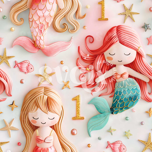 Mermaid First Birthday/Month 3d Embroidery Seamless Pattern