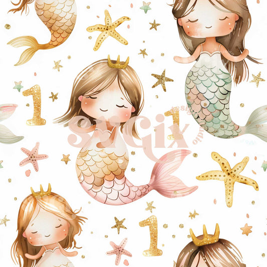 1st Birthday Mermaids Seamless Pattern