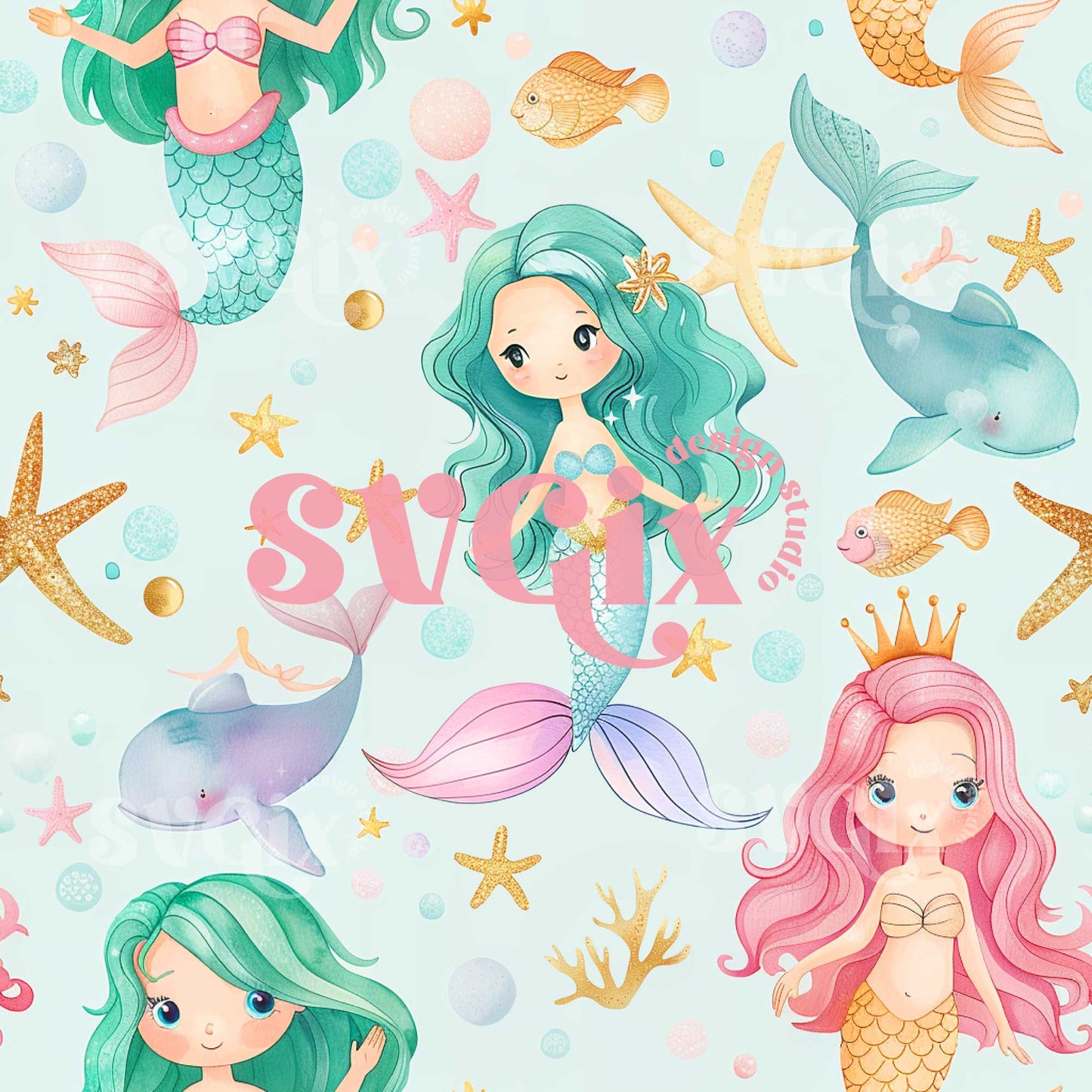 Watercolor Mermaid Under the Sea Seamless Pattern