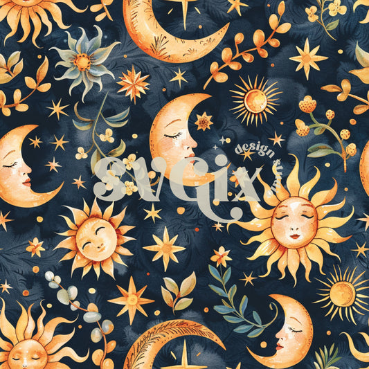 Midnight Sun and Moon Waltz Seamless Pattern