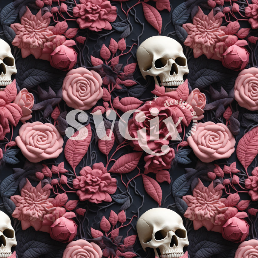 Navy & Rose Halloween Skulls Seamless Pattern