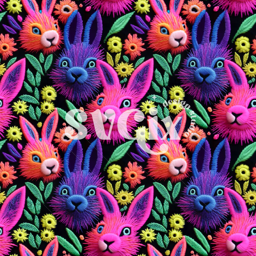 Neon Bunnies Embroidery Seamless Pattern