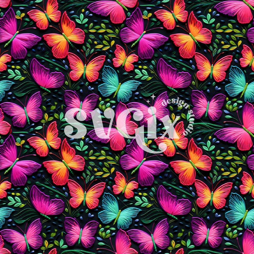 Neon Butterflies Embroidery Seamless Pattern