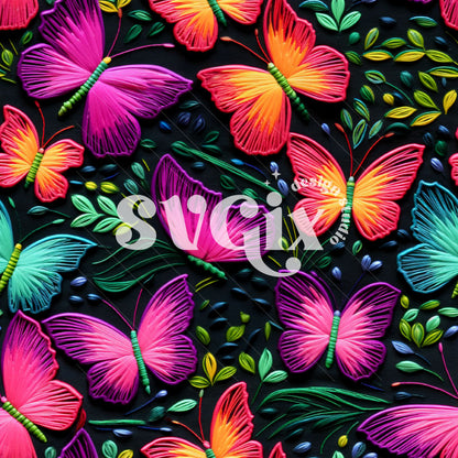 Neon Butterflies Embroidery Seamless Pattern