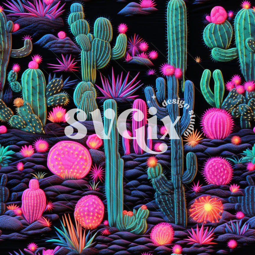 Neon Cactus Embroidery Seamless Pattern