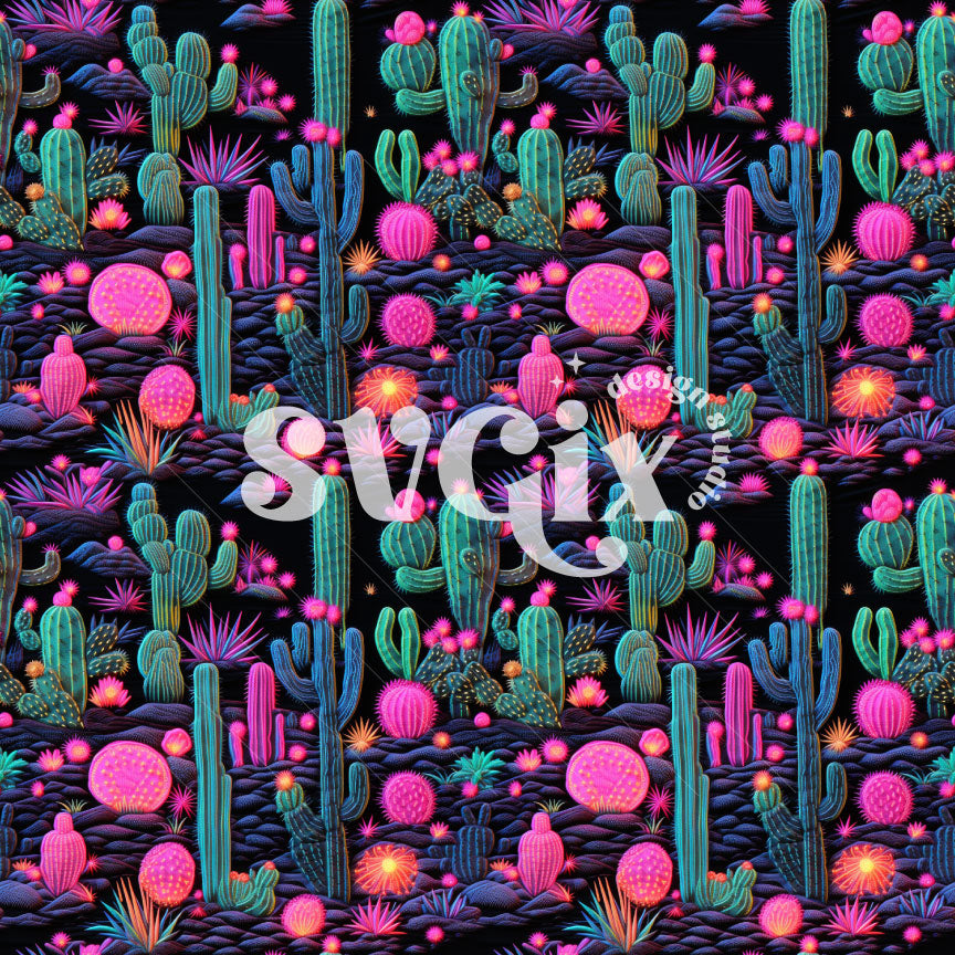 Neon Cactus Embroidery Seamless Pattern