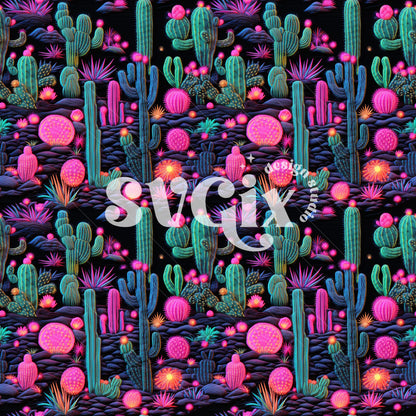 Neon Cactus Embroidery Seamless Pattern