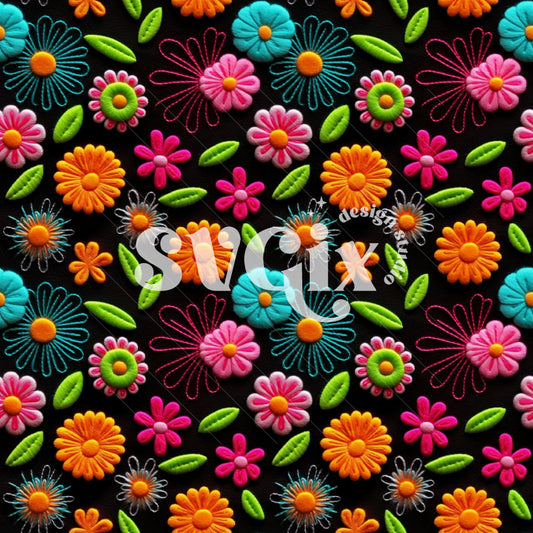 Neon Flowers Embroidery Seamless Pattern