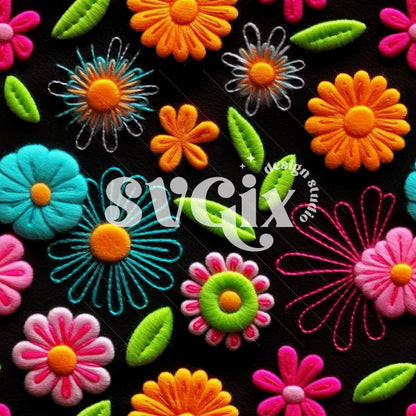 Neon Flowers Embroidery Seamless Pattern