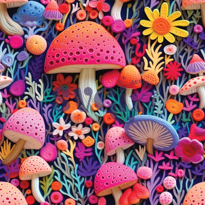 Neon Mushies Embroidery Seamless Pattern