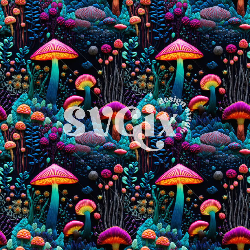 Neon Mushrooms Embroidery Seamless Pattern