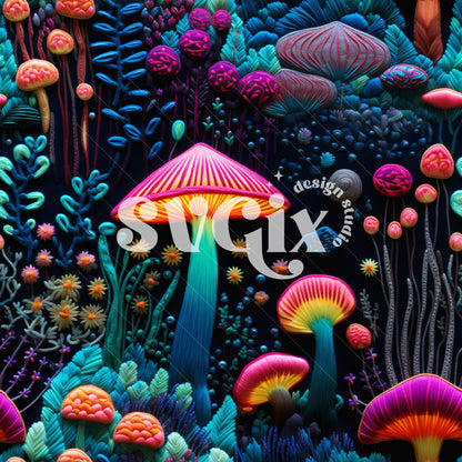 Neon Mushrooms Embroidery Seamless Pattern