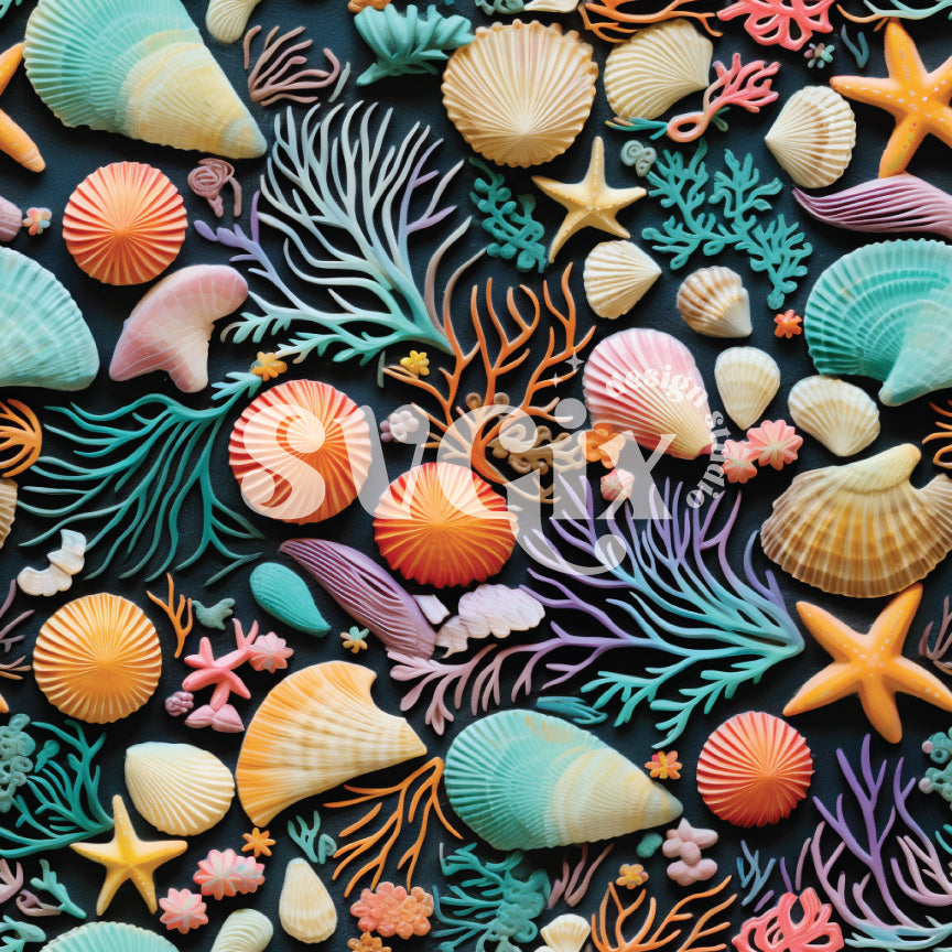 Seaweed and Shells Soft Neon on Black Seamless Pattern