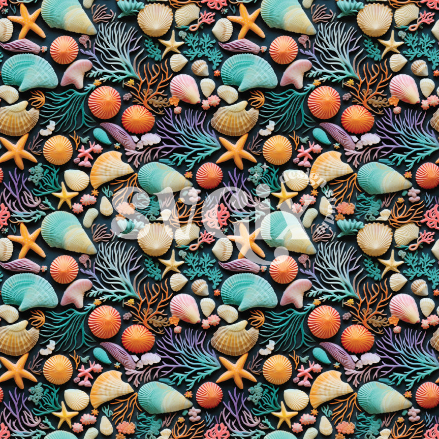 Seaweed and Shells Soft Neon on Black Seamless Pattern