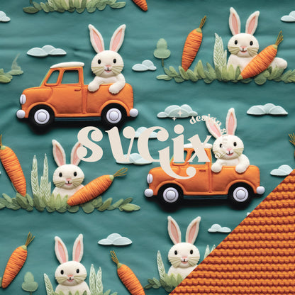 Orange Truck Bunnies Seamless Pattern