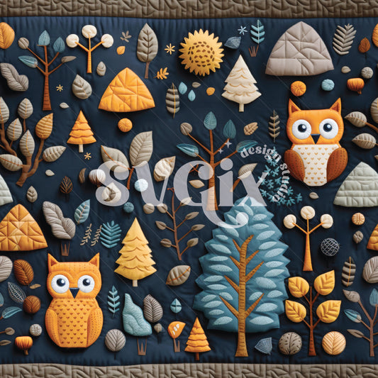 Owls Woodland Faux Quilt Seamless Pattern