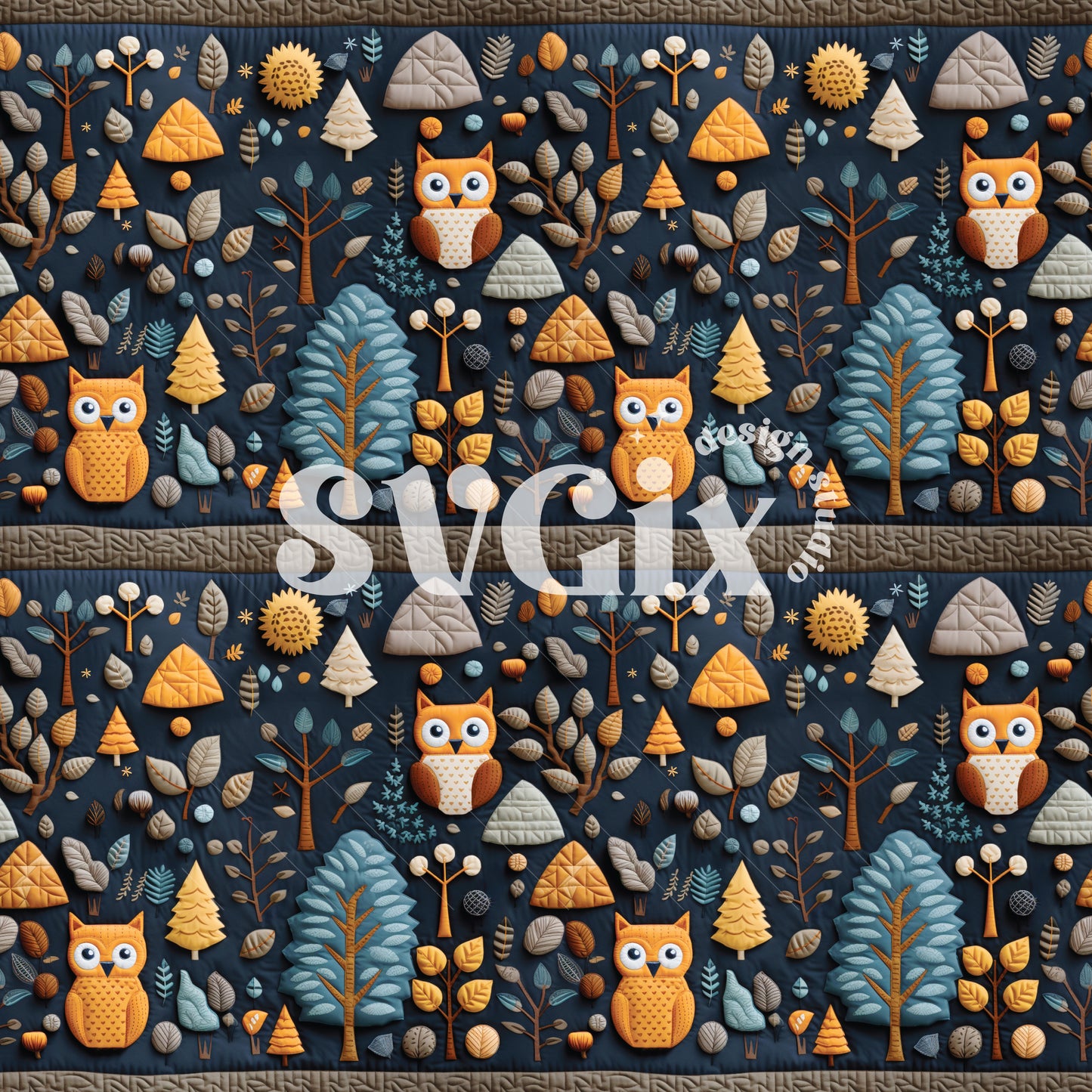 Owls Woodland Faux Quilt Seamless Pattern