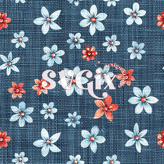 Painted Flowers on Denim Seamless Pattern