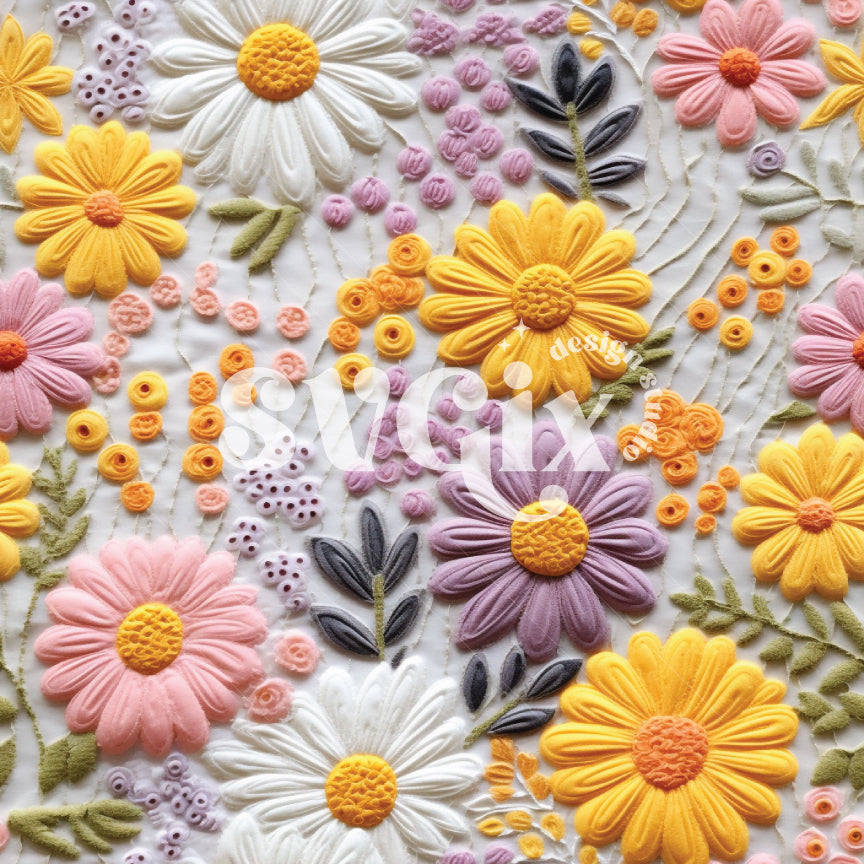 Pastel Daisies Embroidery Seamless Pattern