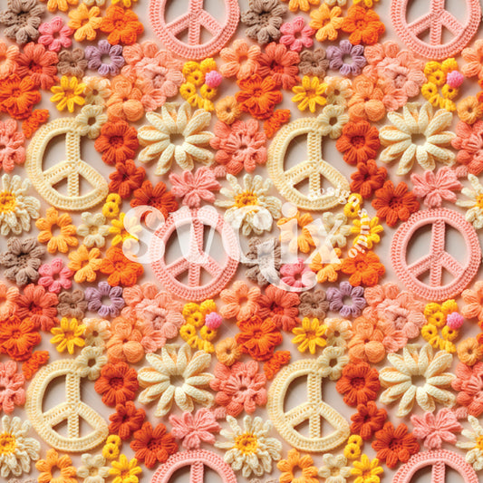 Peace Sign Floral Crochet Retro Groovy Seamless Pattern