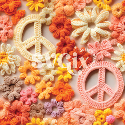 Peace Sign Floral Crochet Retro Groovy Seamless Pattern