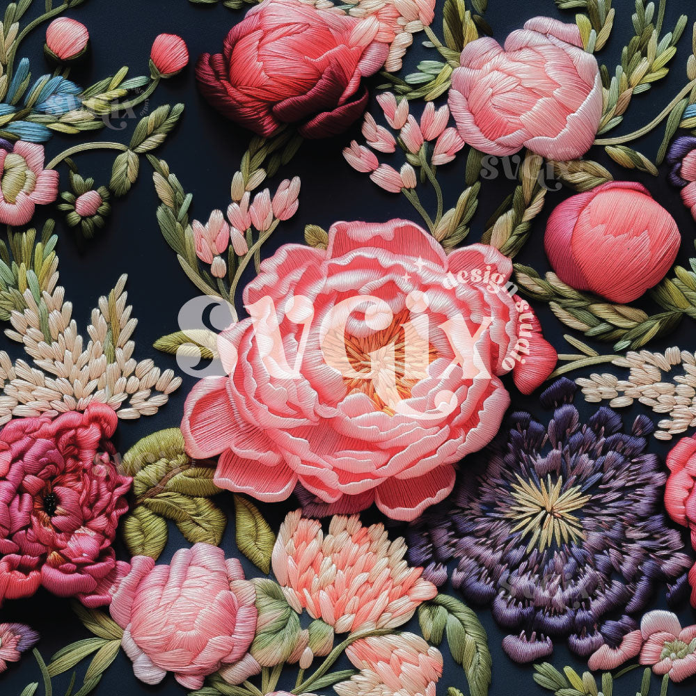 Peonies Embroidery Seamless Pattern