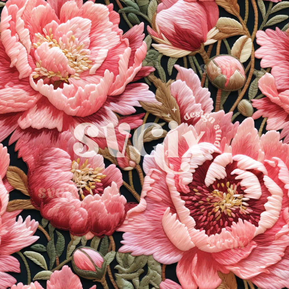 Peonies II Embroidery Seamless Pattern