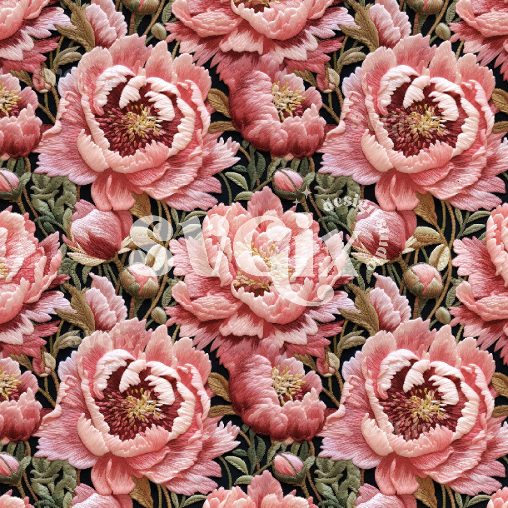 Peonies II Embroidery Seamless Pattern