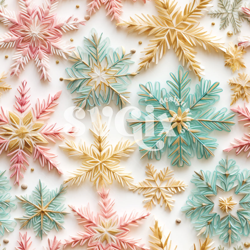 Pink Aqua & Gold Snowflakes Seamless Pattern