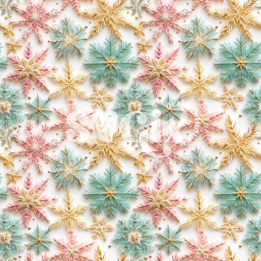 Pink Aqua & Gold Snowflakes Seamless Pattern