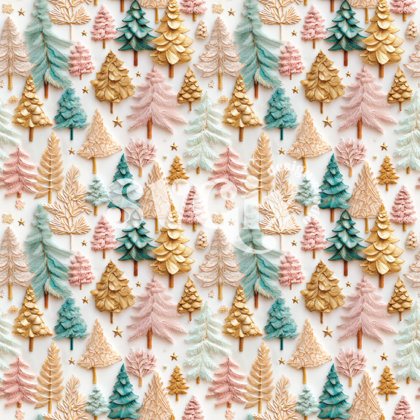 Pink Aqua & Gold Christmas Trees Seamless Pattern