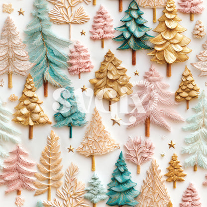 Pink Aqua & Gold Christmas Trees Seamless Pattern