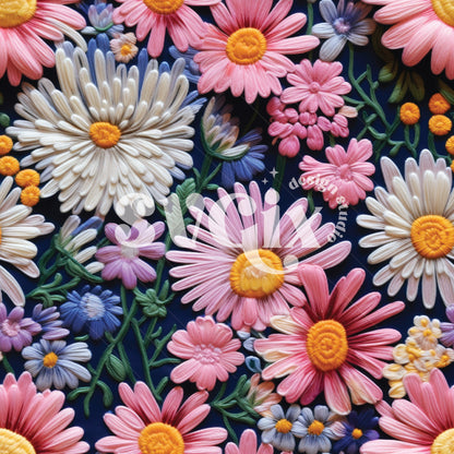 Pink Blue Daisies Embroidery Seamless Pattern