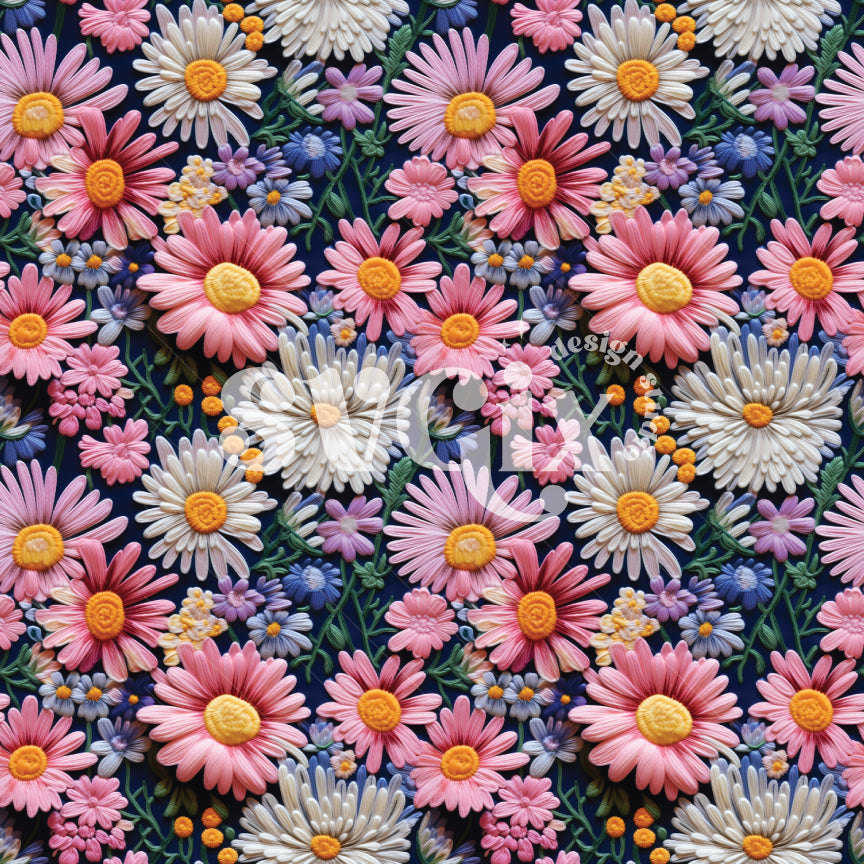 Pink Blue Daisies Embroidery Seamless Pattern