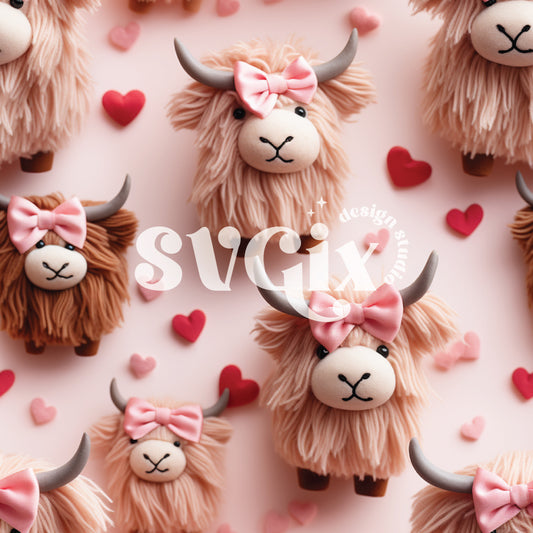 Pink Bows Highland Cows Valentines Seamless Pattern