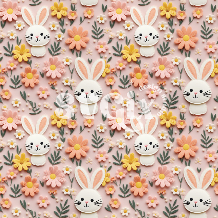 Pink Bunny Floral Seamless Pattern