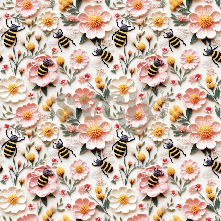 Pink Floral Spring Bees Seamless Pattern