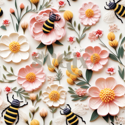 Pink Floral Spring Bees Seamless Pattern