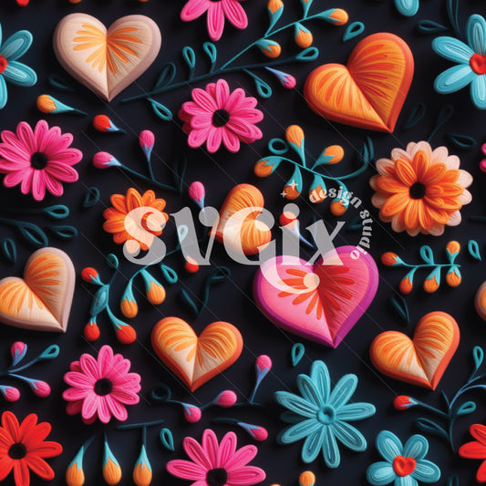 Pink Orange Floral Hearts Seamless Pattern